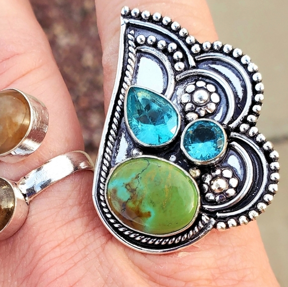 New Chrysocolla & Blue Topaz 925 Silver Ring. - Picture 10 of 16